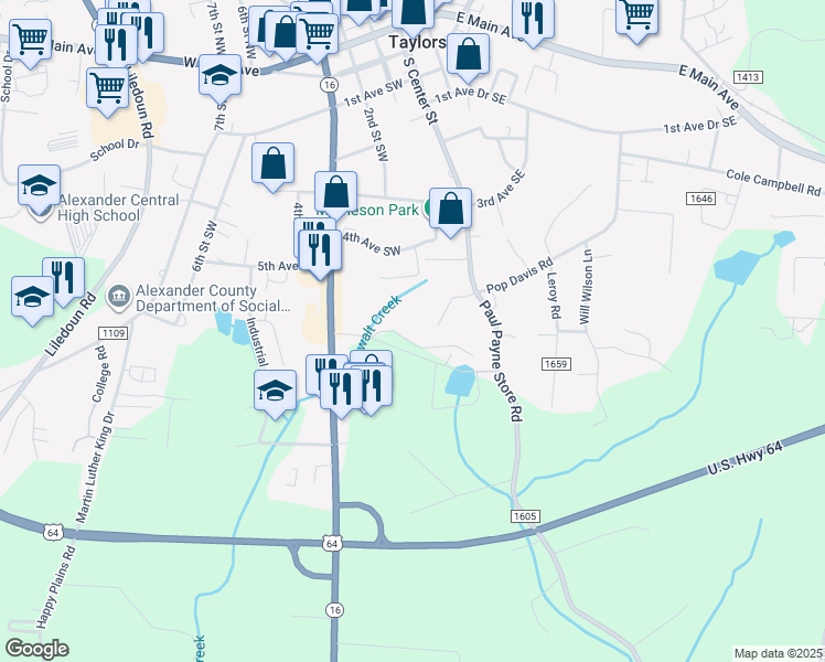 map of restaurants, bars, coffee shops, grocery stores, and more near 581 North Carolina 16 in Taylorsville