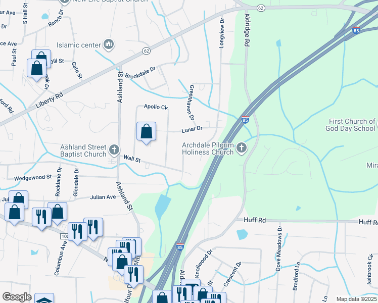 map of restaurants, bars, coffee shops, grocery stores, and more near 108 Eastwind Drive in Archdale