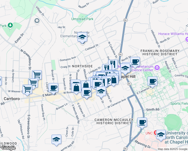 map of restaurants, bars, coffee shops, grocery stores, and more near 1 Amity Court in Chapel Hill