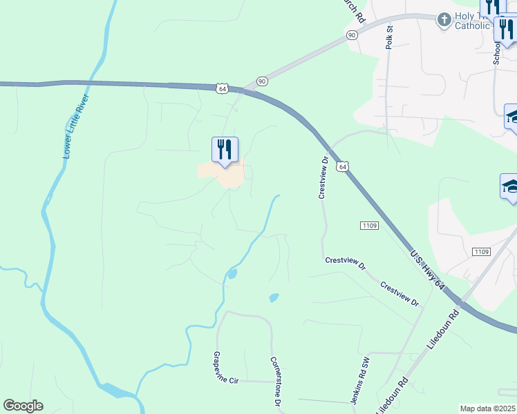 map of restaurants, bars, coffee shops, grocery stores, and more near 510 Golf Course Lane in Taylorsville