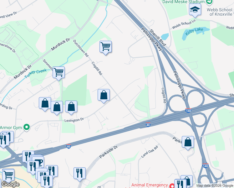 map of restaurants, bars, coffee shops, grocery stores, and more near 10401 Lexington Drive in Knoxville