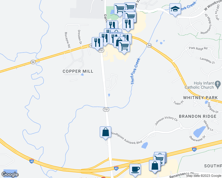 map of restaurants, bars, coffee shops, grocery stores, and more near 7332 Calibre Park Drive in Durham