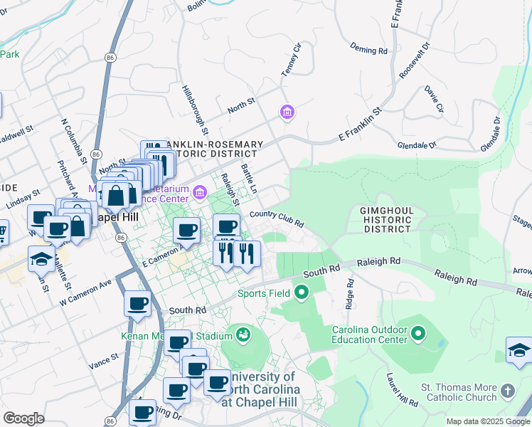 map of restaurants, bars, coffee shops, grocery stores, and more near 102 Country Club Road in Chapel Hill