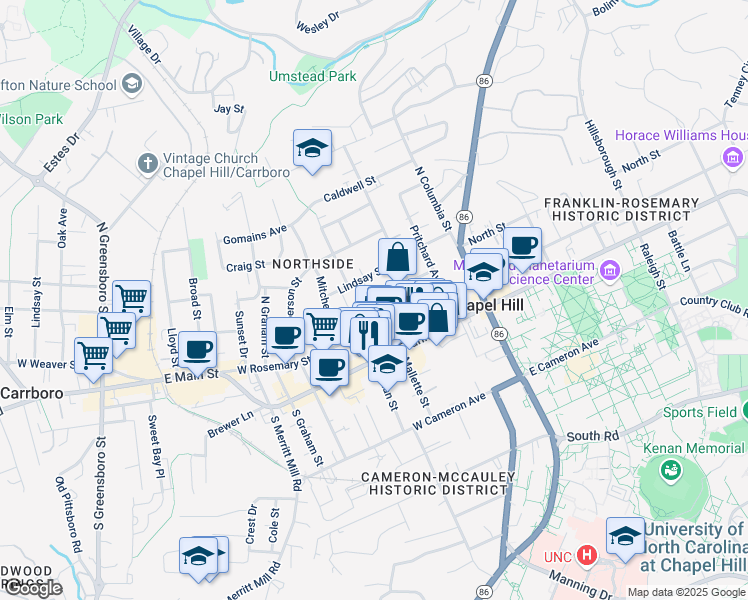 map of restaurants, bars, coffee shops, grocery stores, and more near 210 Andrews Lane in Chapel Hill