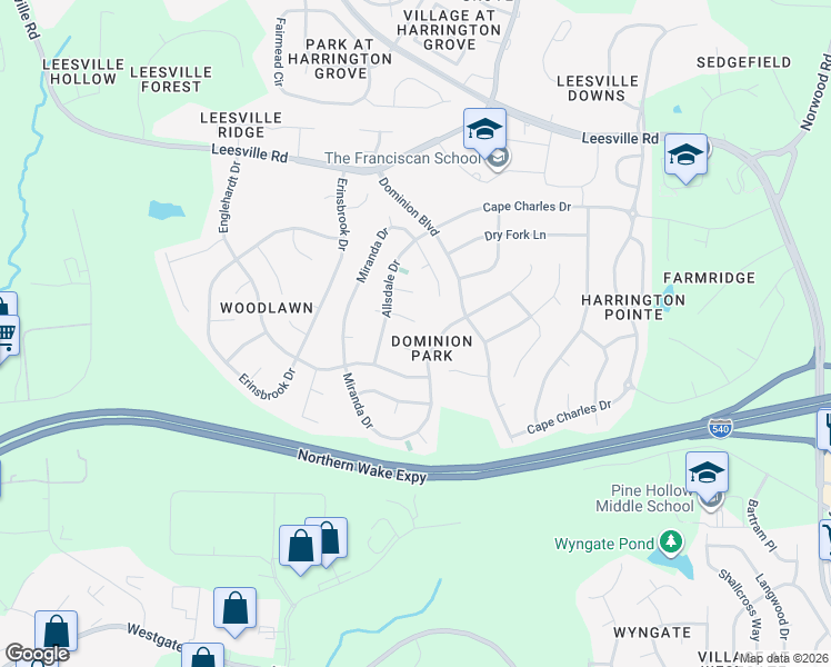 map of restaurants, bars, coffee shops, grocery stores, and more near 6504 Kingscote Court in Raleigh