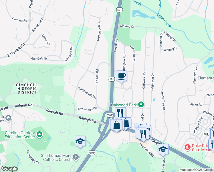 map of restaurants, bars, coffee shops, grocery stores, and more near 810 Christopher Road in Chapel Hill