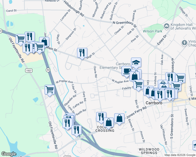 map of restaurants, bars, coffee shops, grocery stores, and more near 211 West Poplar Avenue in Carrboro