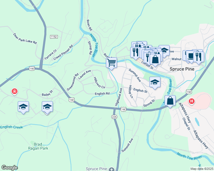 map of restaurants, bars, coffee shops, grocery stores, and more near 63 Hillcrest Circle in Spruce Pine