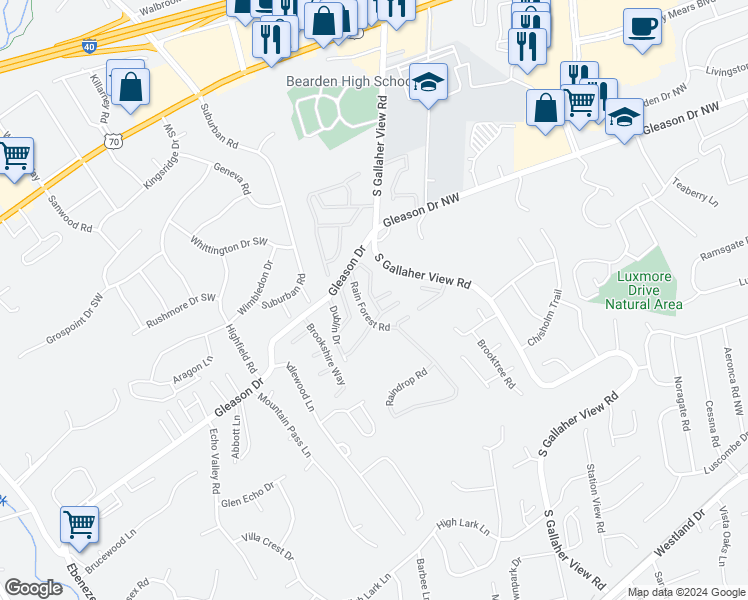 map of restaurants, bars, coffee shops, grocery stores, and more near 84 Madrid Court in Knoxville