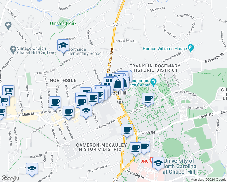 map of restaurants, bars, coffee shops, grocery stores, and more near 105 North Columbia Street in Chapel Hill