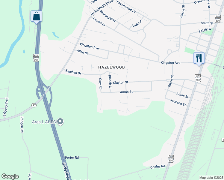map of restaurants, bars, coffee shops, grocery stores, and more near 724 Amos Street in Rocky Mount