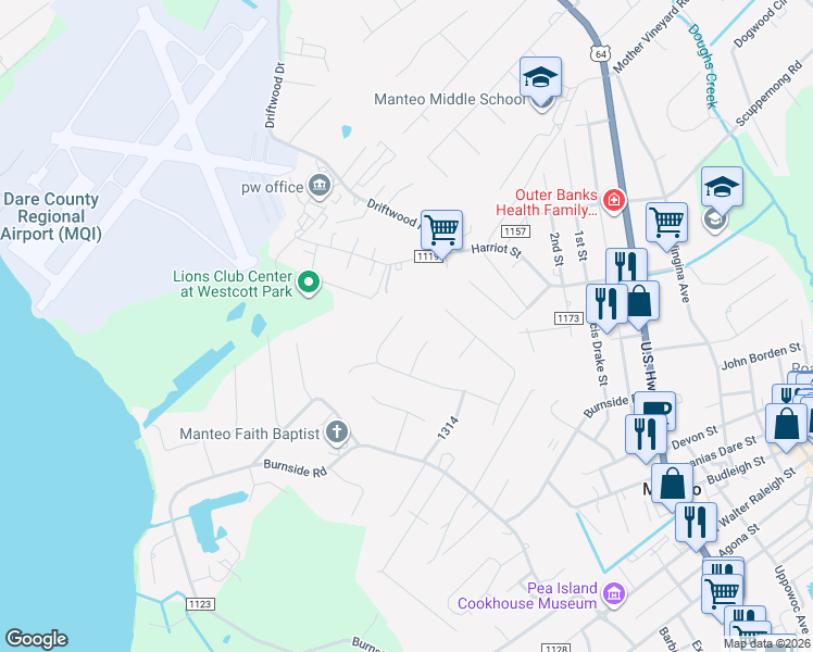 map of restaurants, bars, coffee shops, grocery stores, and more near 117 Holly Court in Manteo
