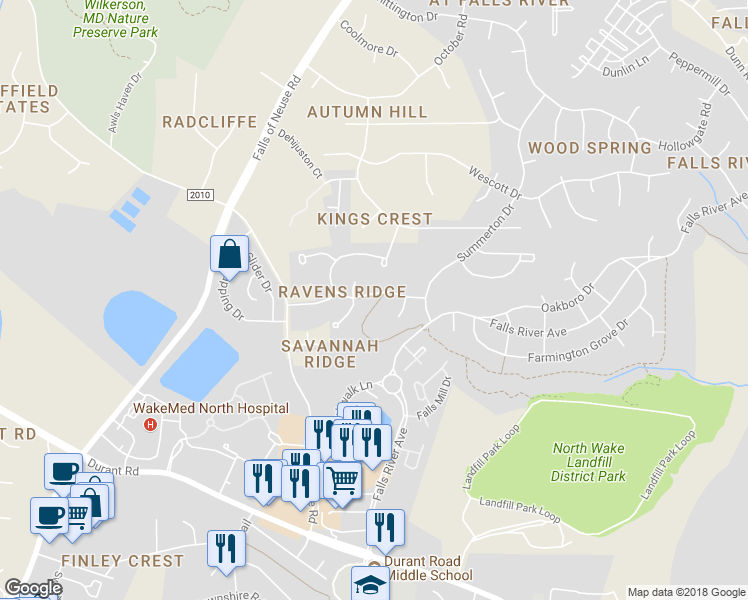 map of restaurants, bars, coffee shops, grocery stores, and more near 1216 Walkertown Drive in Raleigh