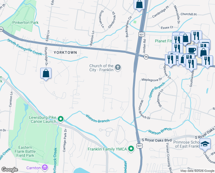 map of restaurants, bars, coffee shops, grocery stores, and more near 504 Braylon Circle in Franklin