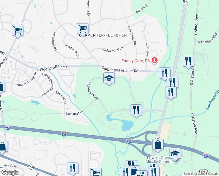 map of restaurants, bars, coffee shops, grocery stores, and more near 2800 Meridian Parkway in Durham