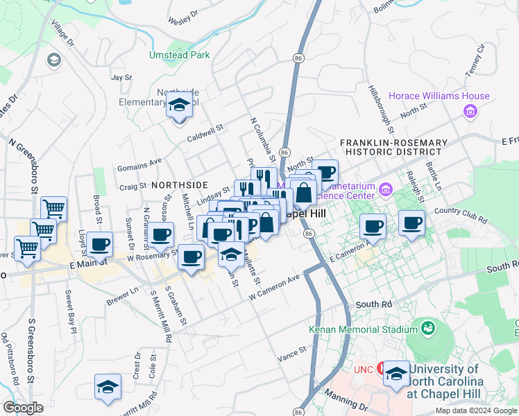 map of restaurants, bars, coffee shops, grocery stores, and more near 214 West Rosemary Street in Chapel Hill
