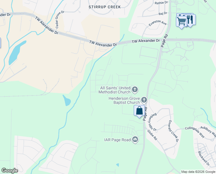 map of restaurants, bars, coffee shops, grocery stores, and more near 103 Ridgeline Court in Durham