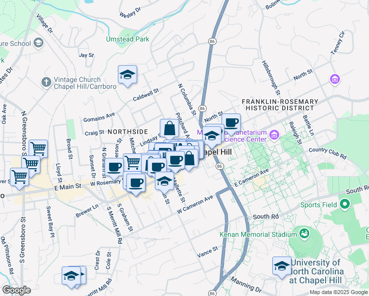 map of restaurants, bars, coffee shops, grocery stores, and more near 211 Church Street in Chapel Hill