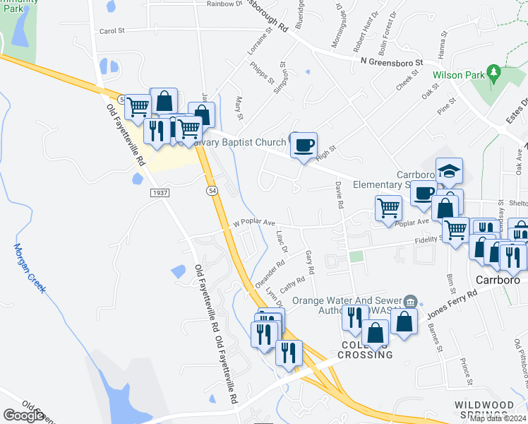 map of restaurants, bars, coffee shops, grocery stores, and more near in Carrboro