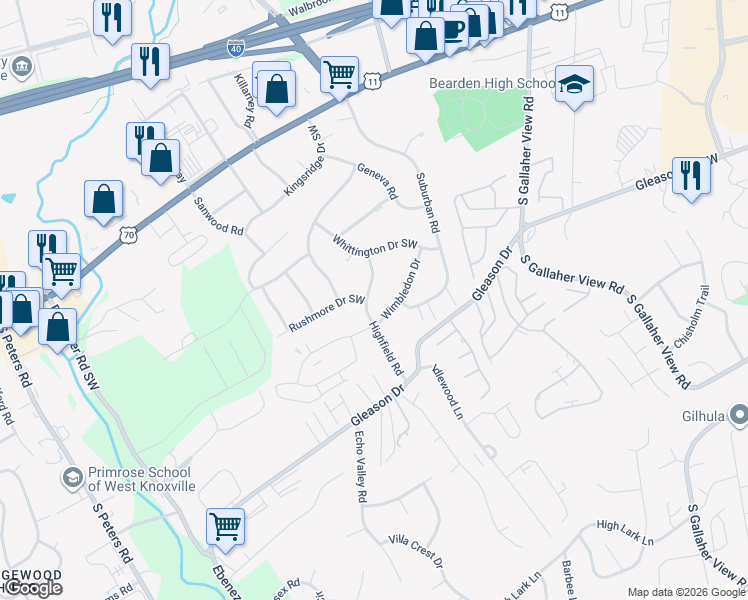 map of restaurants, bars, coffee shops, grocery stores, and more near 8701 Highfield Road in Knoxville
