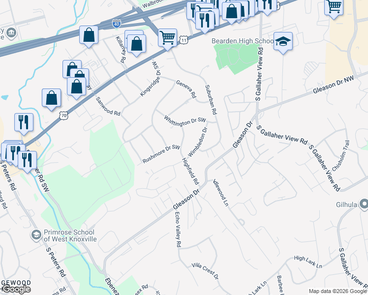 map of restaurants, bars, coffee shops, grocery stores, and more near 8701 Highfield Road in Knoxville