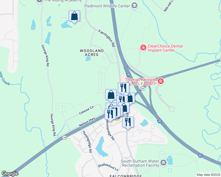 map of restaurants, bars, coffee shops, grocery stores, and more near 5910 Farrington Road in Chapel Hill