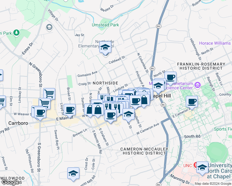 map of restaurants, bars, coffee shops, grocery stores, and more near 216 Nunn Lane in Chapel Hill