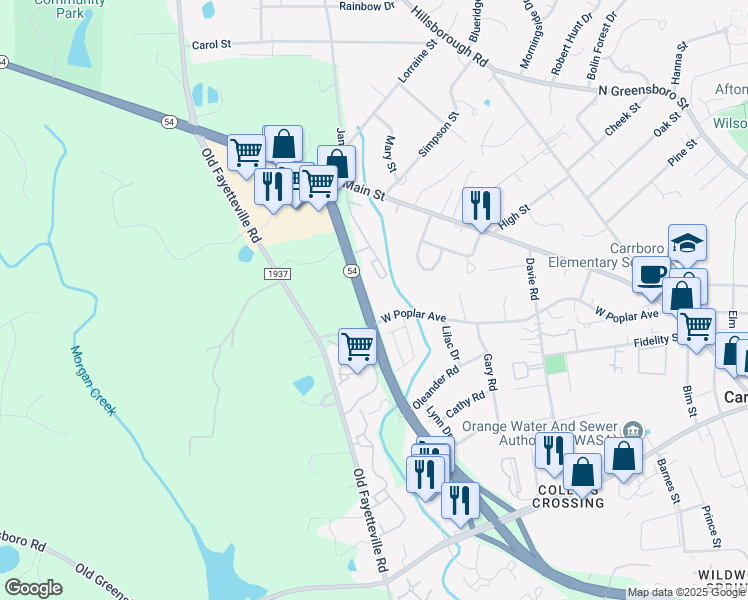 map of restaurants, bars, coffee shops, grocery stores, and more near in Carrboro