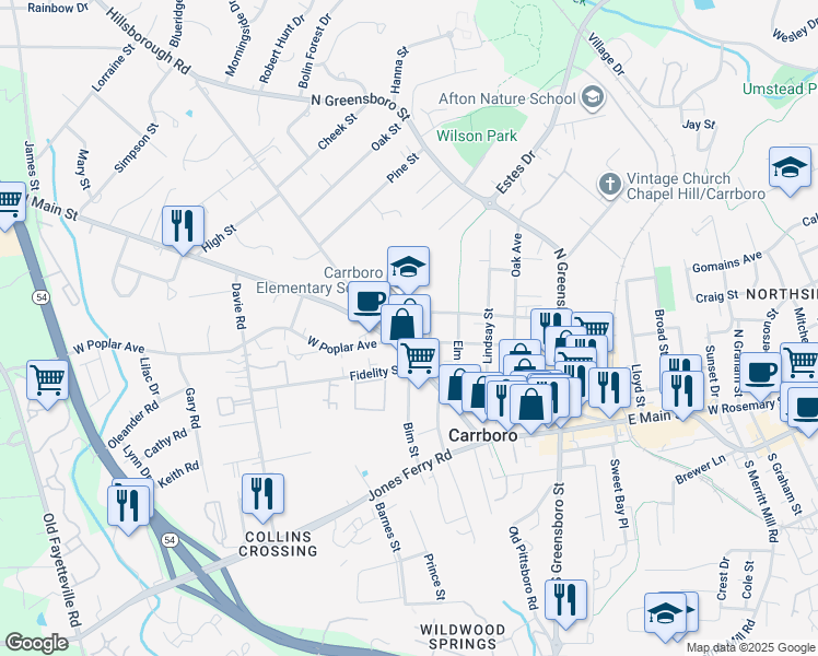map of restaurants, bars, coffee shops, grocery stores, and more near 103 East Poplar Avenue in Carrboro