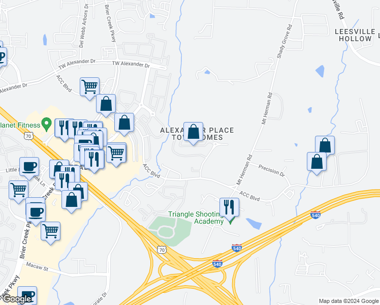map of restaurants, bars, coffee shops, grocery stores, and more near 7646 Winners Edge Street in Raleigh