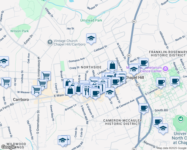 map of restaurants, bars, coffee shops, grocery stores, and more near 256 North Roberson Street in Chapel Hill