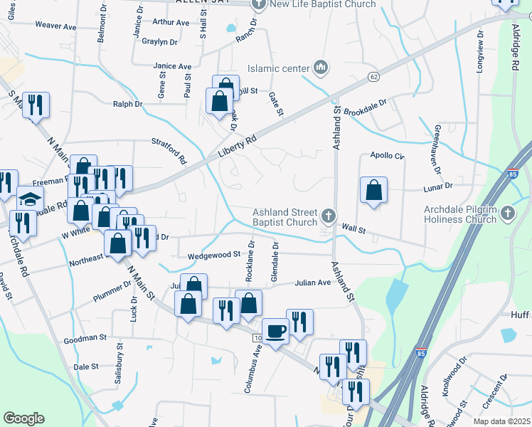 map of restaurants, bars, coffee shops, grocery stores, and more near 502 Lynbrook Drive in Archdale