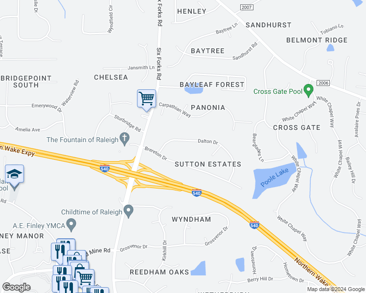 map of restaurants, bars, coffee shops, grocery stores, and more near 212 Dalton Drive in Raleigh