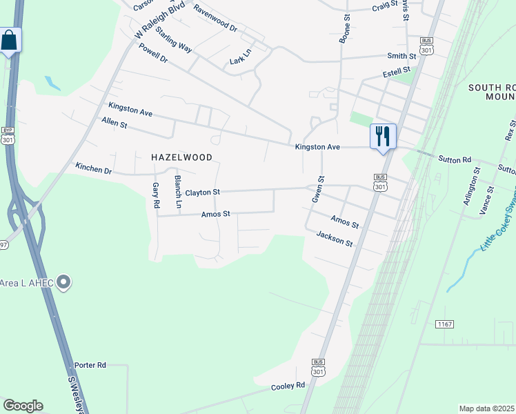 map of restaurants, bars, coffee shops, grocery stores, and more near 612 Amos Street in Rocky Mount
