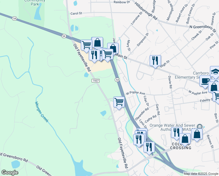 map of restaurants, bars, coffee shops, grocery stores, and more near 600 West Poplar Avenue in Carrboro