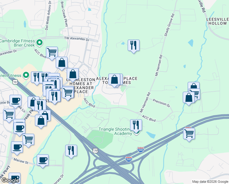 map of restaurants, bars, coffee shops, grocery stores, and more near 7629 Winners Edge Street in Raleigh