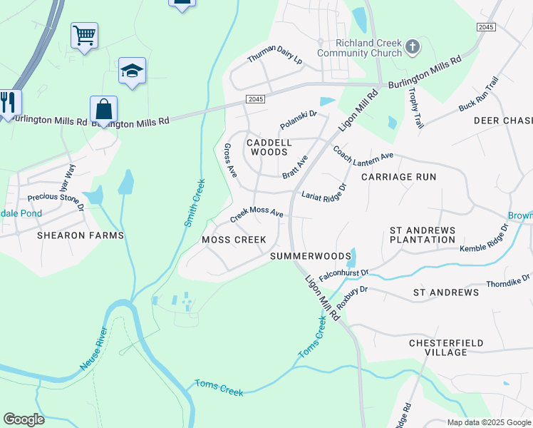 map of restaurants, bars, coffee shops, grocery stores, and more near 3028 Creek Moss Avenue in Wake Forest