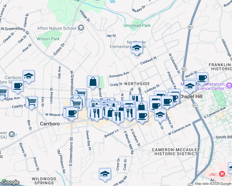 map of restaurants, bars, coffee shops, grocery stores, and more near 606 Nunn Street in Chapel Hill