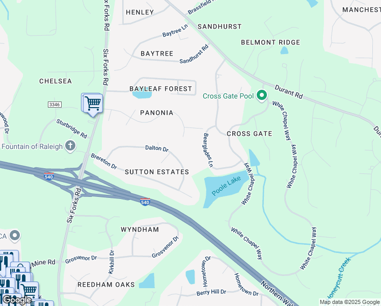 map of restaurants, bars, coffee shops, grocery stores, and more near 309 Dalton Drive in Raleigh