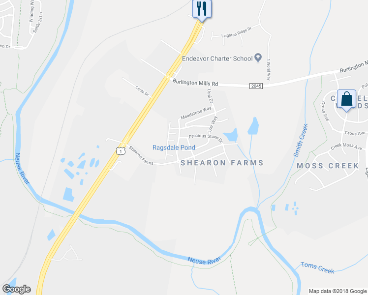 map of restaurants, bars, coffee shops, grocery stores, and more near 4303 Iyar Way in Wake Forest