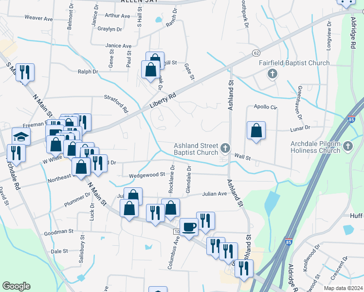 map of restaurants, bars, coffee shops, grocery stores, and more near 502 Lynbrook Drive in Archdale