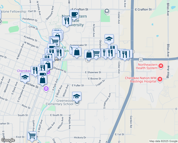 map of restaurants, bars, coffee shops, grocery stores, and more near 104 North Ash Avenue in Tahlequah
