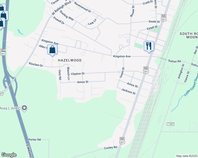 map of restaurants, bars, coffee shops, grocery stores, and more near 612 Amos Street in Rocky Mount