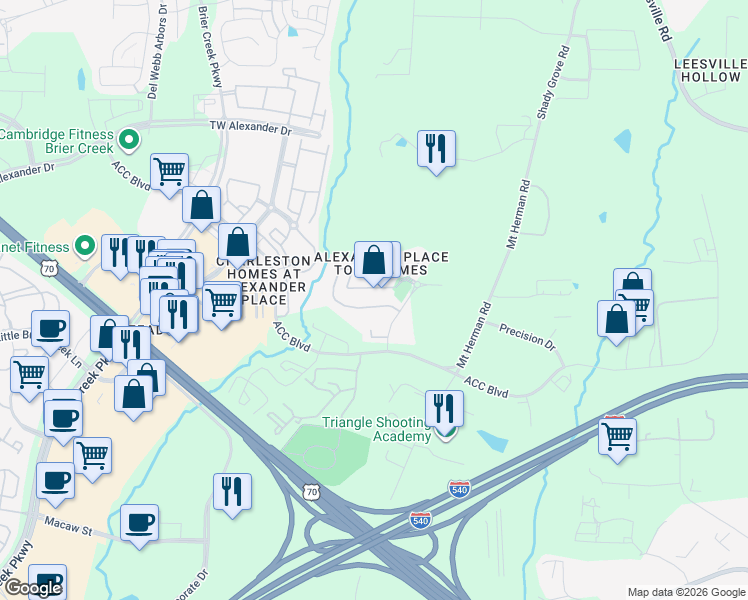 map of restaurants, bars, coffee shops, grocery stores, and more near 7629 Winners Edge Street in Raleigh