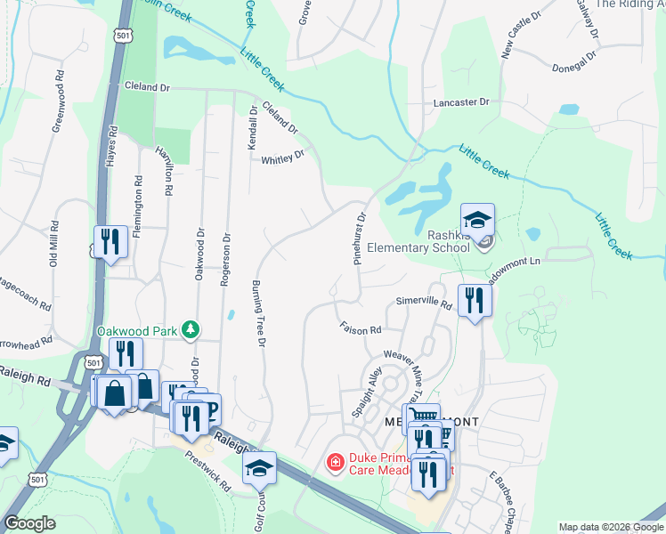 map of restaurants, bars, coffee shops, grocery stores, and more near 111 Faison Road in Chapel Hill