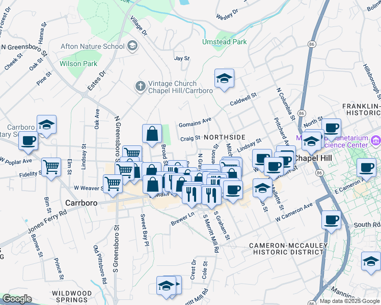 map of restaurants, bars, coffee shops, grocery stores, and more near 311 Sunset Drive in Chapel Hill