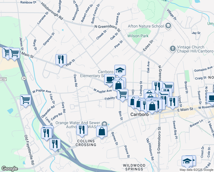 map of restaurants, bars, coffee shops, grocery stores, and more near 105 West Poplar Avenue in Carrboro