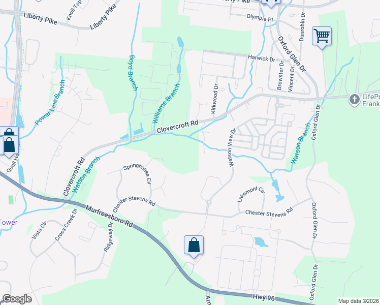 map of restaurants, bars, coffee shops, grocery stores, and more near 4061 Clovercroft Road in Franklin
