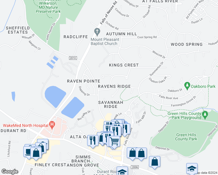 map of restaurants, bars, coffee shops, grocery stores, and more near 1427 Moosecreek Drive in Raleigh