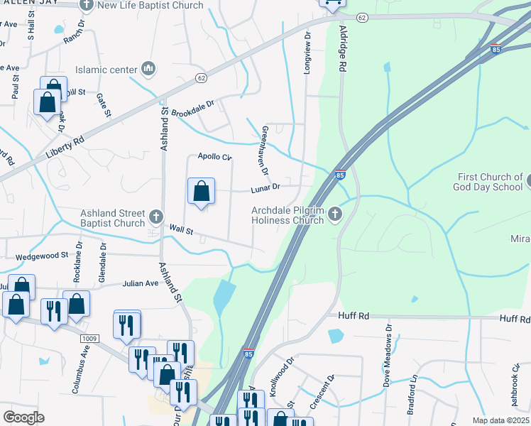 map of restaurants, bars, coffee shops, grocery stores, and more near 112 Eastwind Drive in Archdale